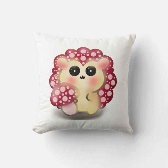 Cute Kawaii Red Mushroom Hedgehog Toadstool Art Throw Pillow (Front)
