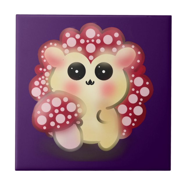 Cute Kawaii Red Mushroom Hedgehog Toadstool Art Tile (Front)