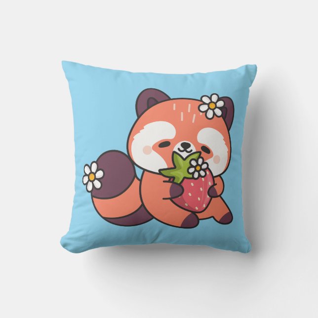 Cute Kawaii Red Panda with Strawberry Throw Pillow (Front)