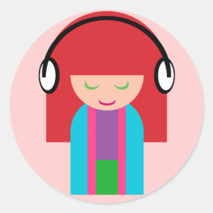Cute Kawaii Redhead Girl Listening to Music Classic Round Sticker