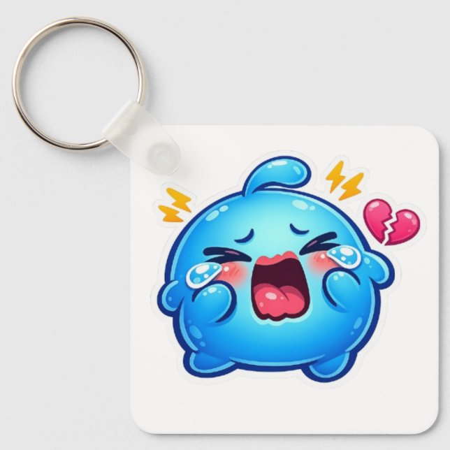 Cute Kawaii Sad Blue Slime Crying with Broken Hear Keychain (Front)