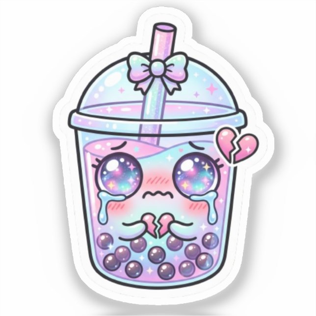 Cute Kawaii Sad Boba Milk Tea Crying with Broken H (Front)