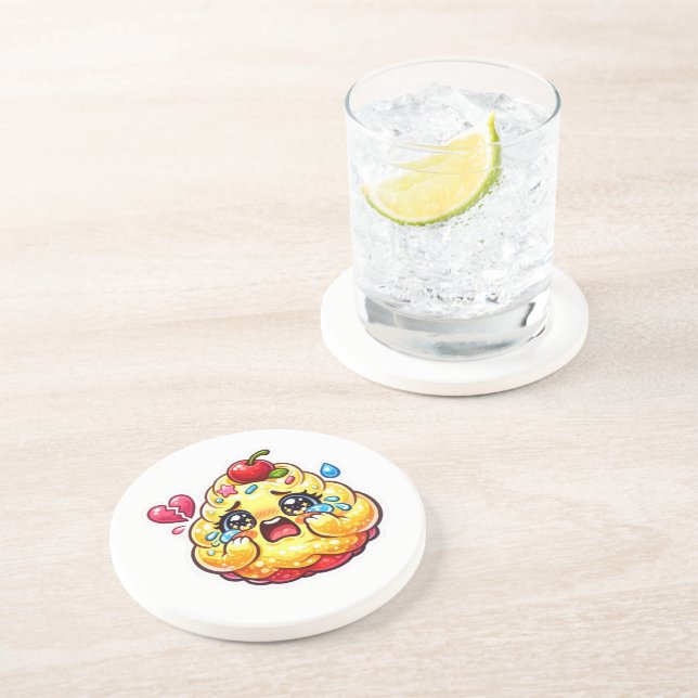 Cute Kawaii Sad Cupcake Crying with Broken Sticker Coaster (Side)