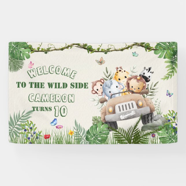 Cute Kawaii Safari Wild Jungle Animals Birthday Banner (Horizontal)