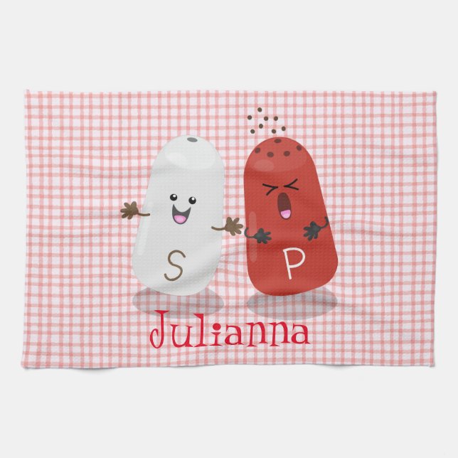 Cute kawaii salt and pepper shakers cartoon kitchen towel (Horizontal)