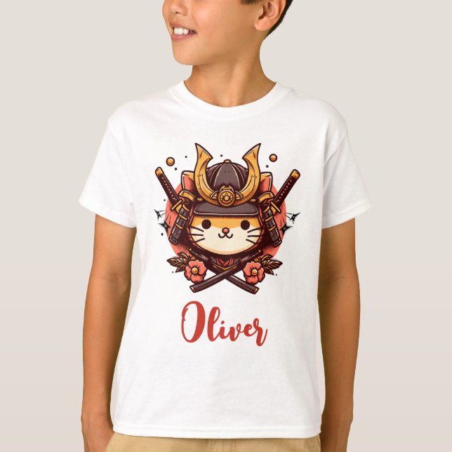 Cute Kawaii Samurai Cat Personalized  T-Shirt (Front)