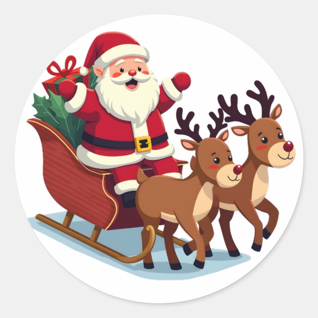 Cute Kawaii Santa Claus Santa on Sleigh with Reind Classic Round Sticker (Front)
