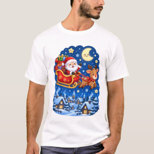 Cute Kawaii Santa Sleigh Christmas Night T-Shirt