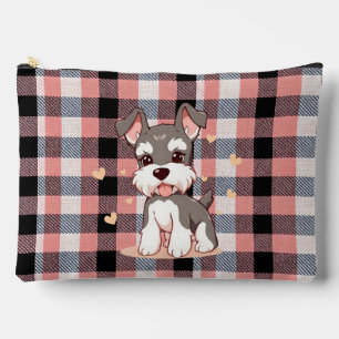 Cute Kawaii Schnauzer Dog Pink Buffalo Plaid Accessory Pouch