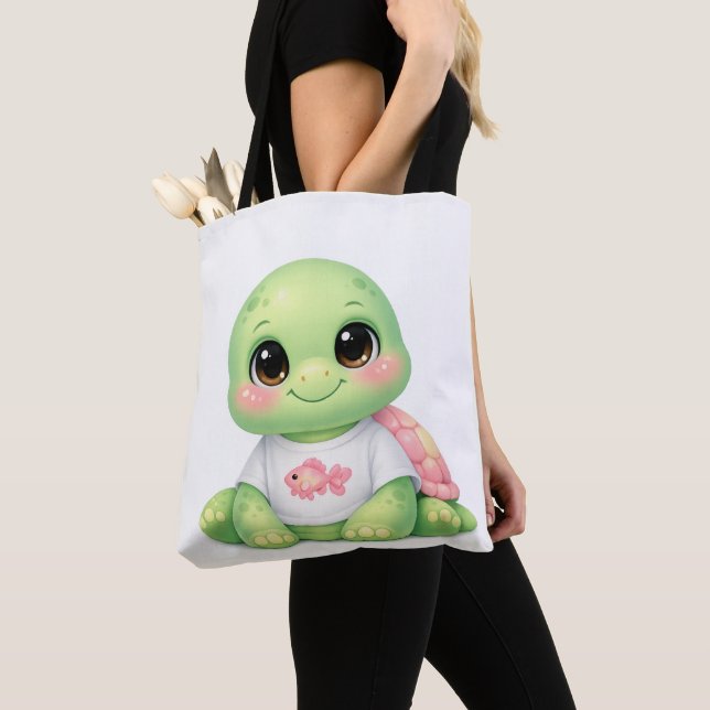 Cute Kawaii Sea Turtle Chibi Tote Bag (Close Up)
