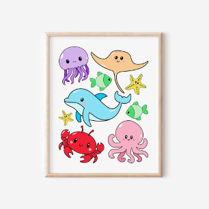 Cute Kawaii Sealife Collage Nursery Art Poster