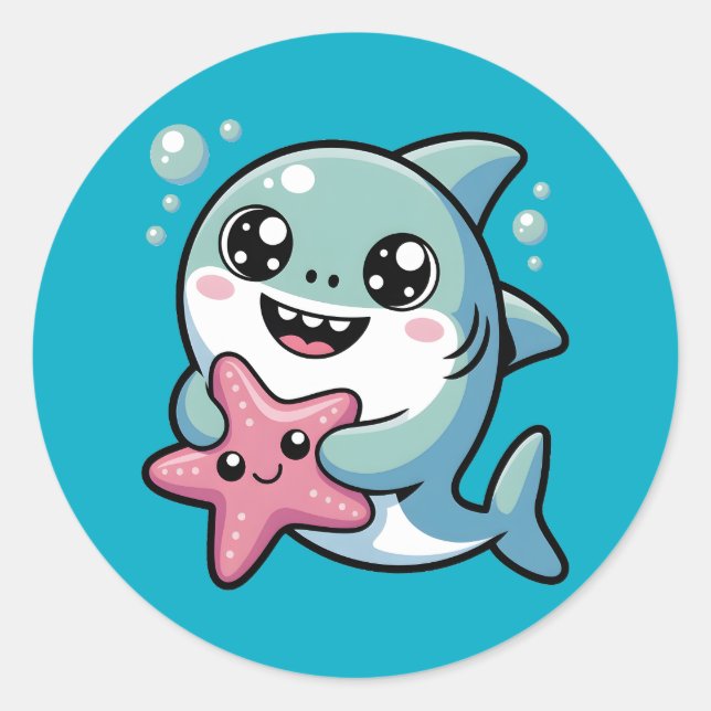  Cute Kawaii Shark & Starfish Classic Round Sticker (Front)