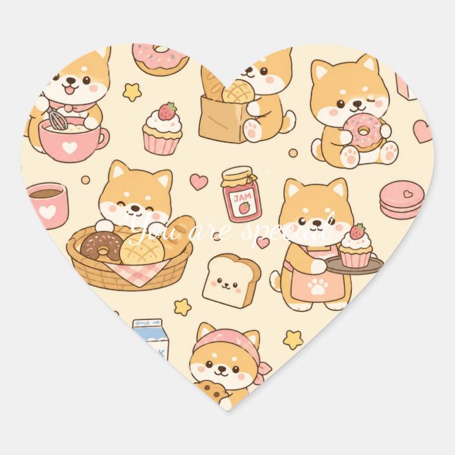 Cute Kawaii Shiba Bakery Pattern | Cozy Breakfast  Heart Sticker (Front)