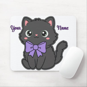 Cute Kawaii Sitting Black Cat Purple Bow Custom  Mouse Pad