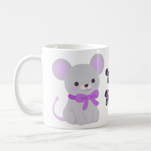 Cute Kawaii Sitting Grey Mouse Purple Bow Mug