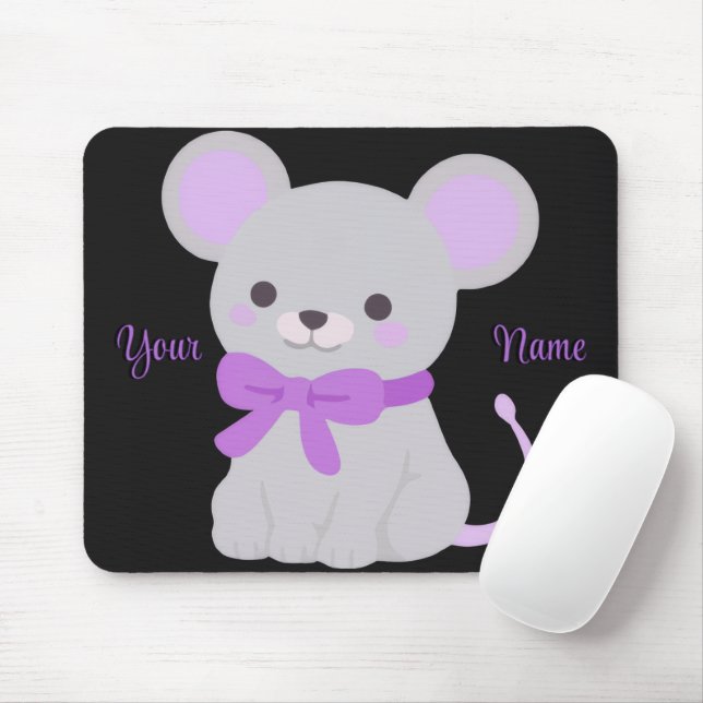 Cute Kawaii Sitting Mouse Purple Bow Custom Mouse Pad (With Mouse)