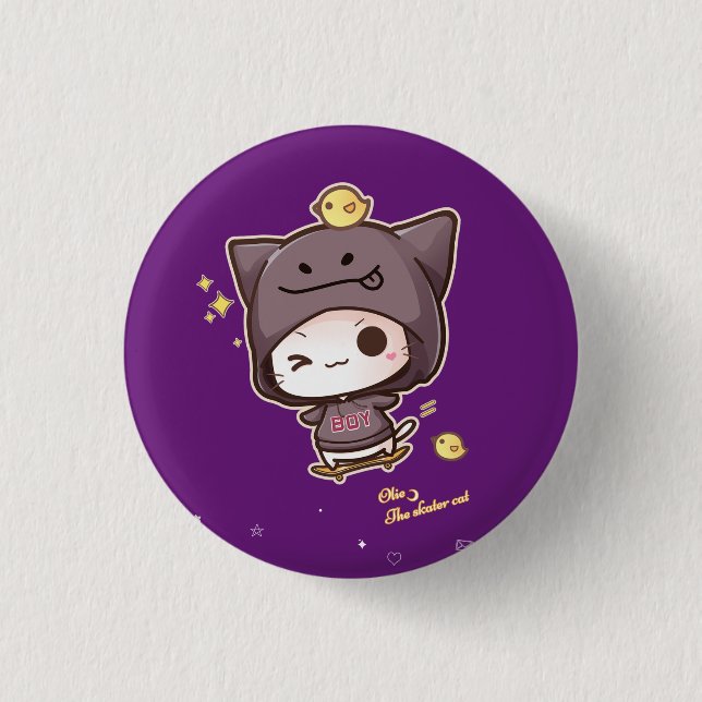 Cute kawaii skater cat wearing hoodie 1 inch round button (Front)