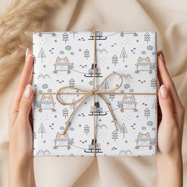 Cute Kawaii Skating Cat Seamless Pattern Christmas Wrapping Paper (Creator Uploaded)