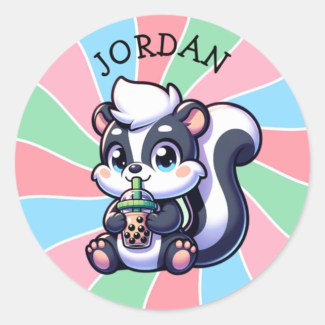 Cute Kawaii Skunk with Bubble Tea Personalized Classic Round Sticker (Front)