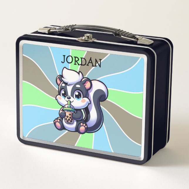 Cute Kawaii Skunk with Bubble Tea Personalized Metal Lunch Box (Front)