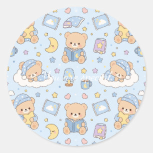 Cute Kawaii Sleepy Teddy Bear Pattern   Pastel Bed Classic Round Sticker