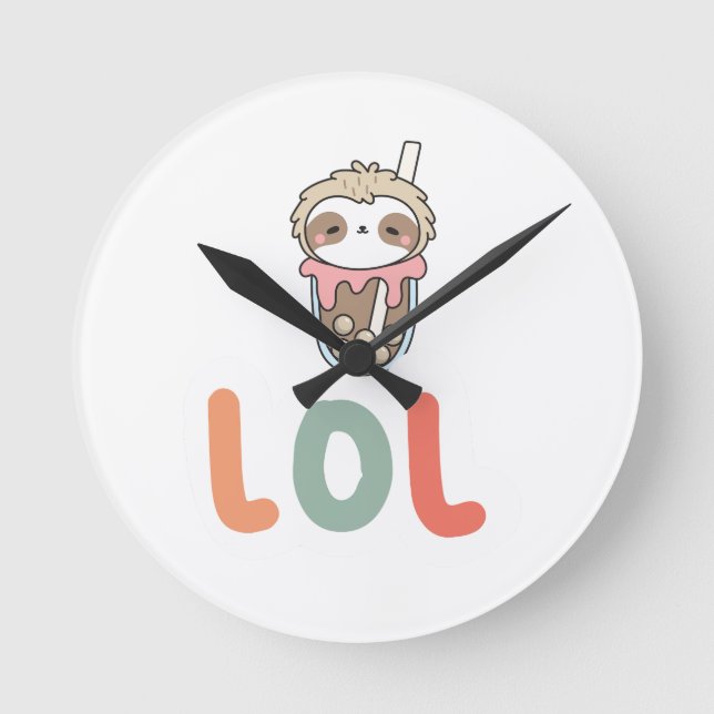 Cute Kawaii Sloth Bubble Tea LOL Round Clock (Front)