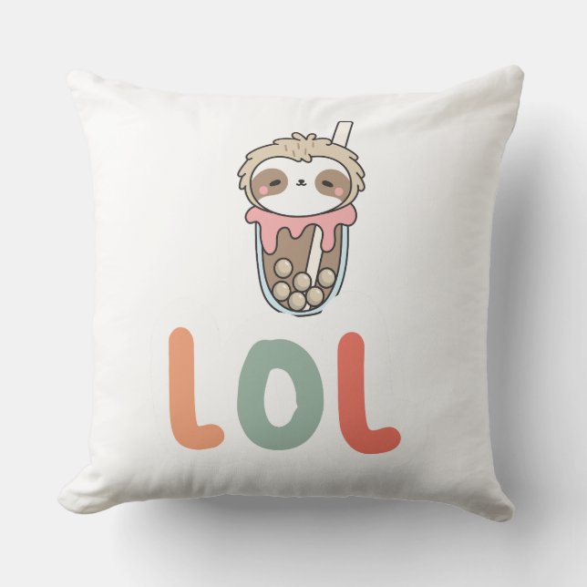 Cute Kawaii Sloth Bubble Tea LOL Throw Pillow (Front)