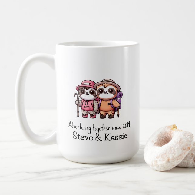 Cute Kawaii Sloth Couple Adventuring Together  Coffee Mug (With Donut)
