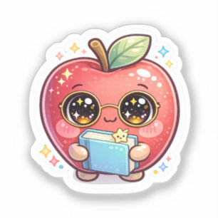 Cute Kawaii Smart Apple with Glasses Holding Book 