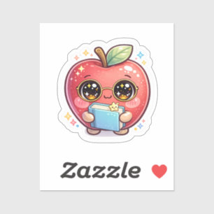 Cute Kawaii Smart Apple with Glasses Holding Book 