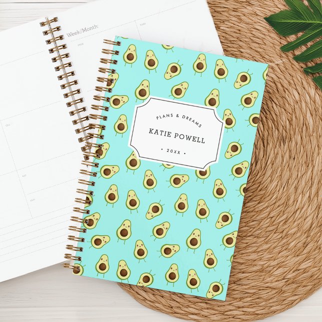 Cute Kawaii Smiling Avocado Pattern Personalized Planner (Creator Uploaded)