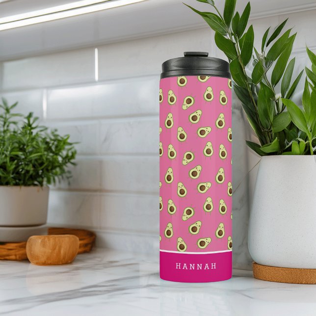 Cute Kawaii Smiling Avocado Pattern Personalized Thermal Tumbler (Creator Uploaded)