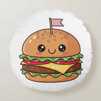 Cute Kawaii Smiling Cheeseburger Illustration Round Pillow