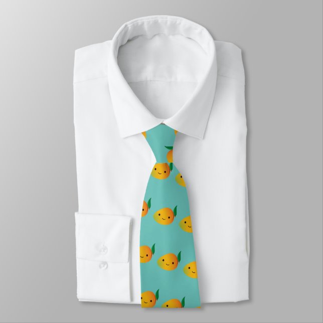 Cute Kawaii Smiling Mango Pattern Tie (Tied)
