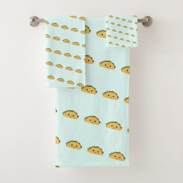 Cute Kawaii Smiling Taco Pattern Bath Towel Set (Insitu)