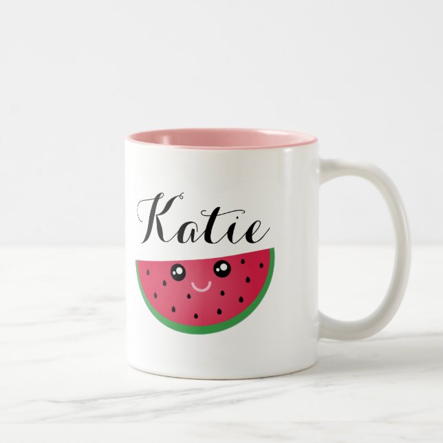 Cute Kawaii Smiling Watermelon Cartoon Two-Tone Coffee Mug (Right)