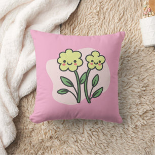 Cute Kawaii Smiling Yellow Flowers Throw Pillow