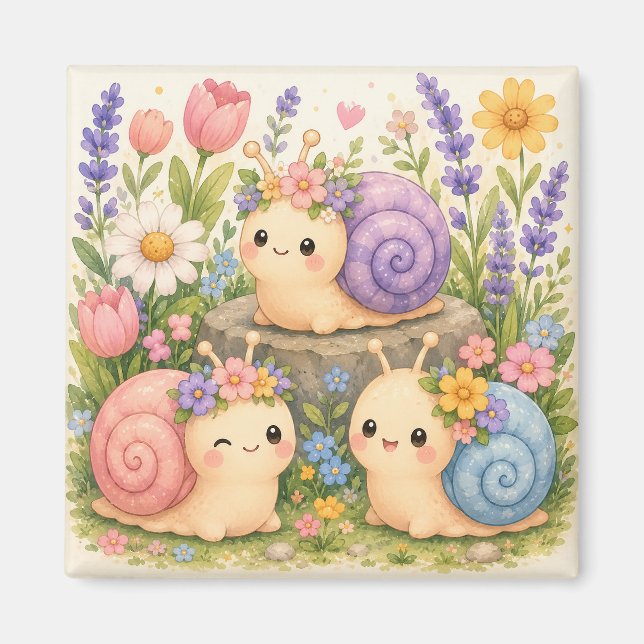Cute kawaii snails with flowers magnet (Front)