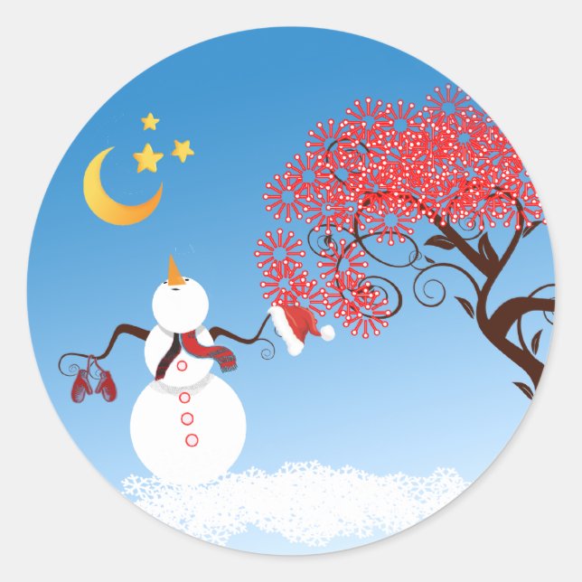 Cute Kawaii Snowman with CandyCane Tree Classic Round Sticker (Front)