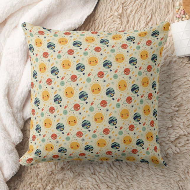 Cute Kawaii Solar System Planets Pattern Throw Pillow (Blanket)