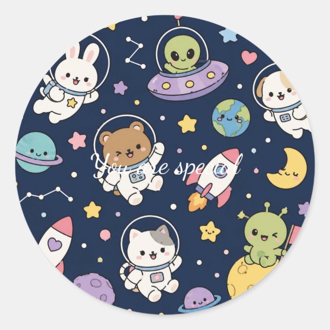 Cute Kawaii Space Animals Pattern | Pastel Galaxy  Classic Round Sticker (Front)