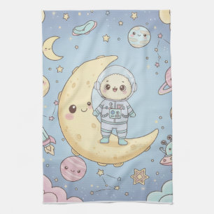 Cute Kawaii Space - Astronaut and Smiling Moon Kitchen Towel