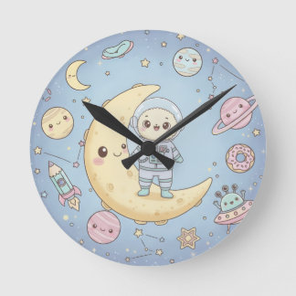 Cute Kawaii Space - Astronaut and Smiling Moon Round Clock