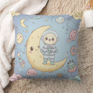 Cute Kawaii Space - Astronaut and Smiling Moon Throw Pillow
