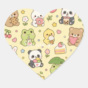 Cute Kawaii Spring Animal Friends Pattern   Pastel Heart Sticker