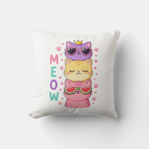 Cute Kawaii Stacked Cats Sunglasses Meow Throw Pillow