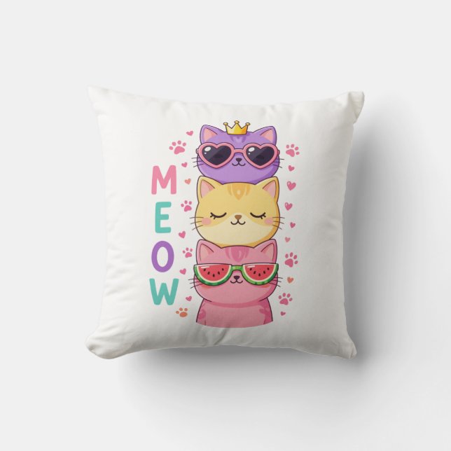 Cute Kawaii Stacked Cats Sunglasses Meow Throw Pillow (Front)