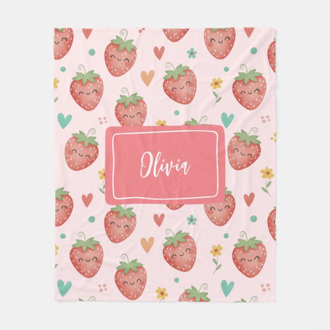 Cute Kawaii Strawberries Fleece Blanket (Front)