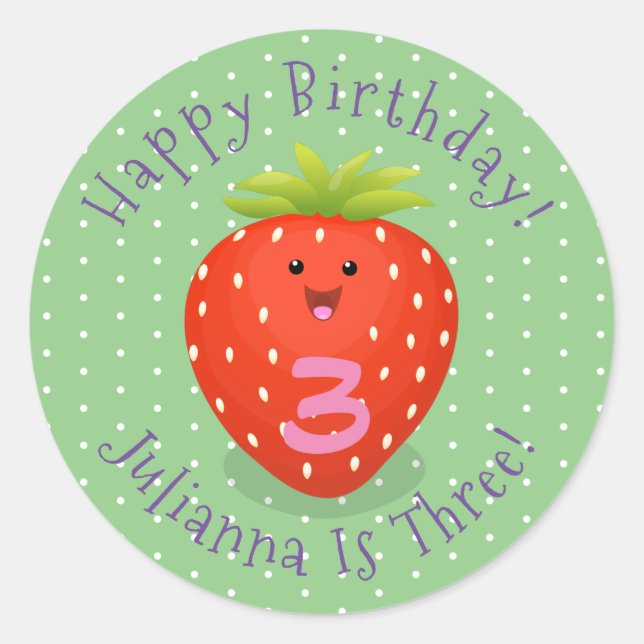 Cute kawaii strawberry cartoon illustration classic round sticker (Front)