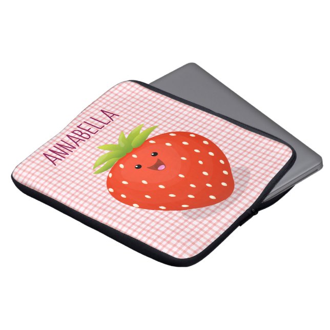 Cute kawaii strawberry cartoon illustration laptop sleeve (Front Top)